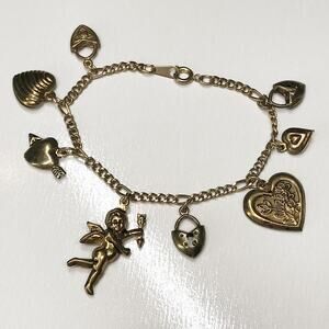 Vintage Cupid Angel Cherub Hearts Locket Charm Bracelet Dainty 6.5"